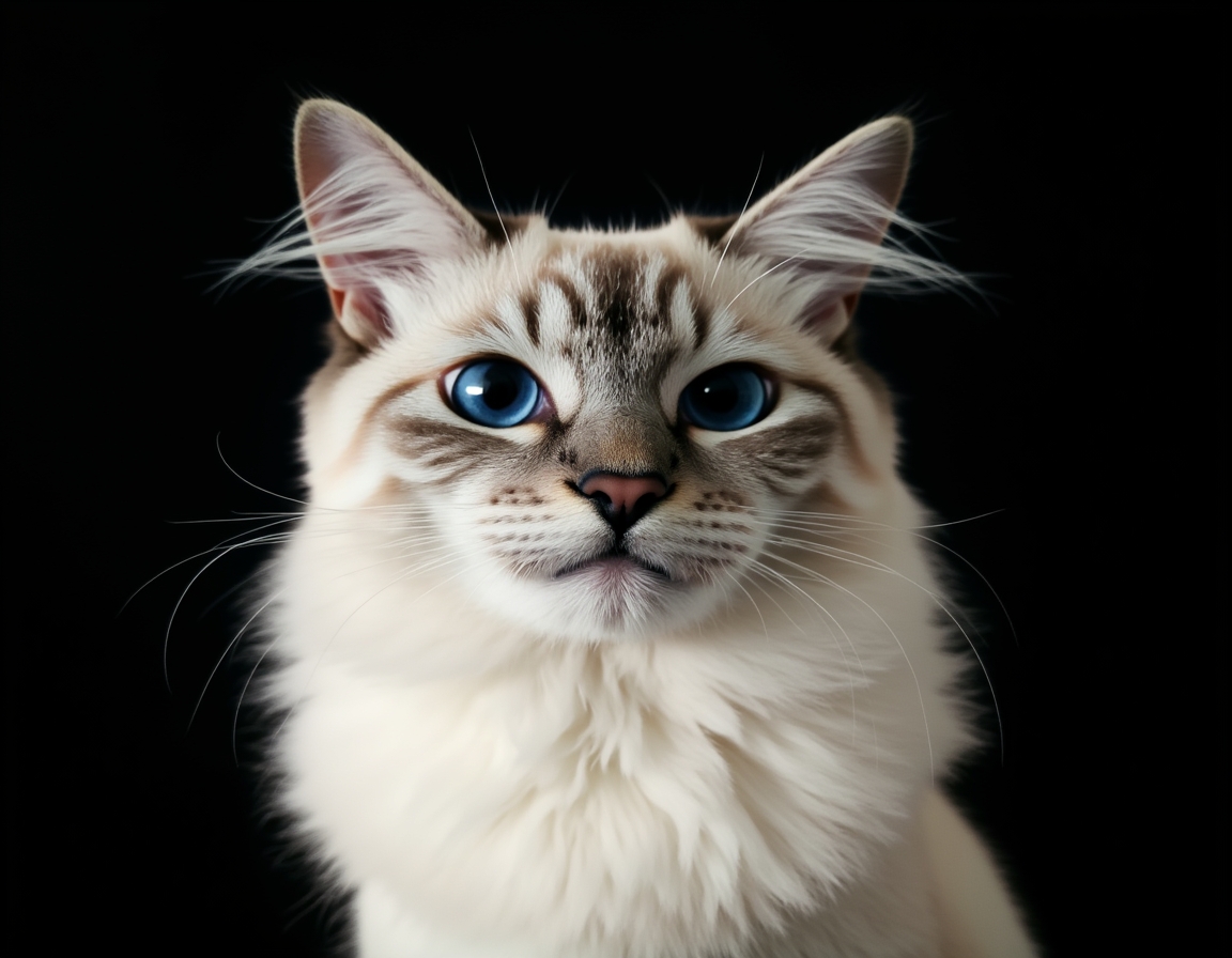 Close-up portrait of cat on a black background, with its alert expression and intricate details of its fur and whiskers in sharp focus.